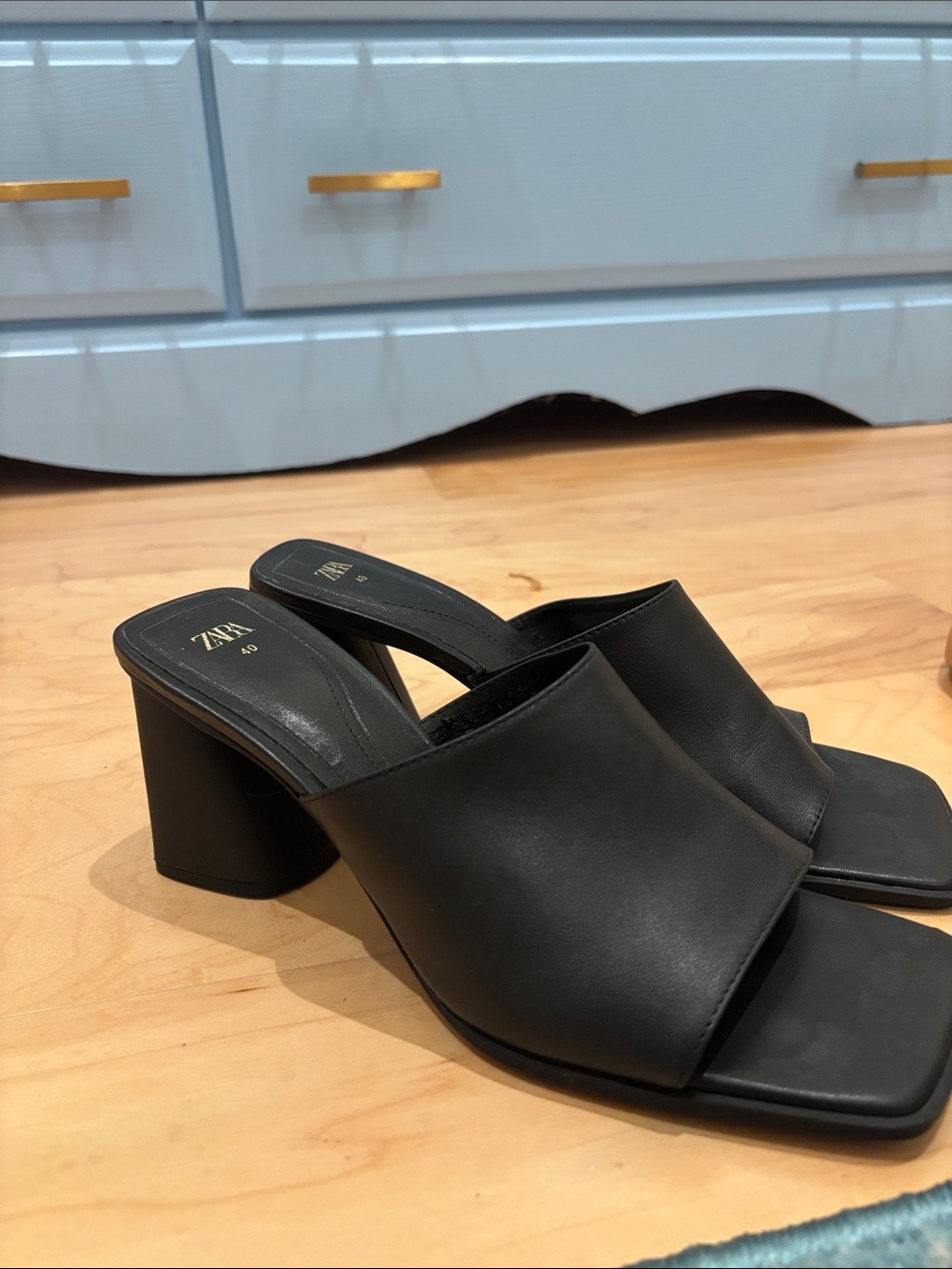 Zara Black Square Toe Block Heel Mules